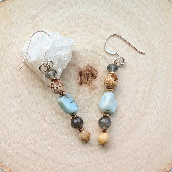 Rustic Larimar and Picture Jasper Silver Hook Dangle Earrings - Picture 1 of 4